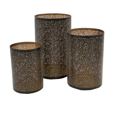 Ensemble de porte-bougies 3 pièces Hurricane, noir percé avec intérieur doré