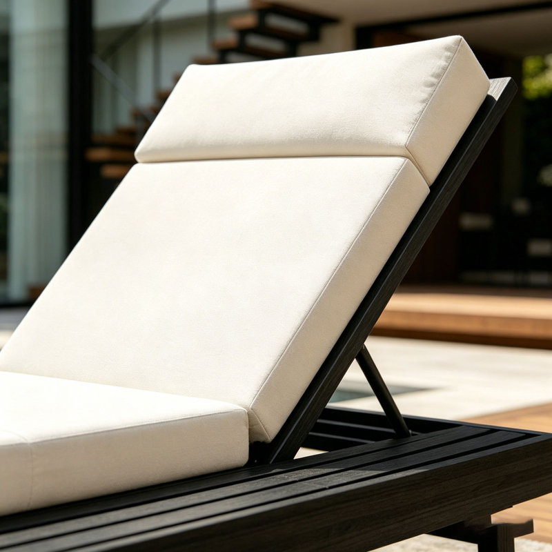 Acacia Wood Lounge Chaise With Water-Resistant Lounge Cushions, Cream & 3-Fold & 4 Inch1