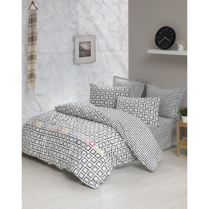 Ensemble de housse de couette 100% coton blanc / noir Benton, Housse de couette très grand + 2 taies d'oreiller