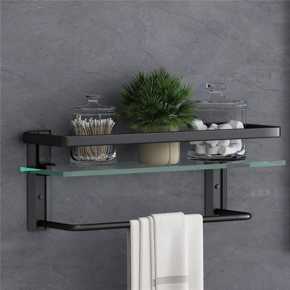 Latitude Run® Bathroom Glass Shelf With Towel Bar Black Bathroom Shelf Wall Mount Rustproof ...
