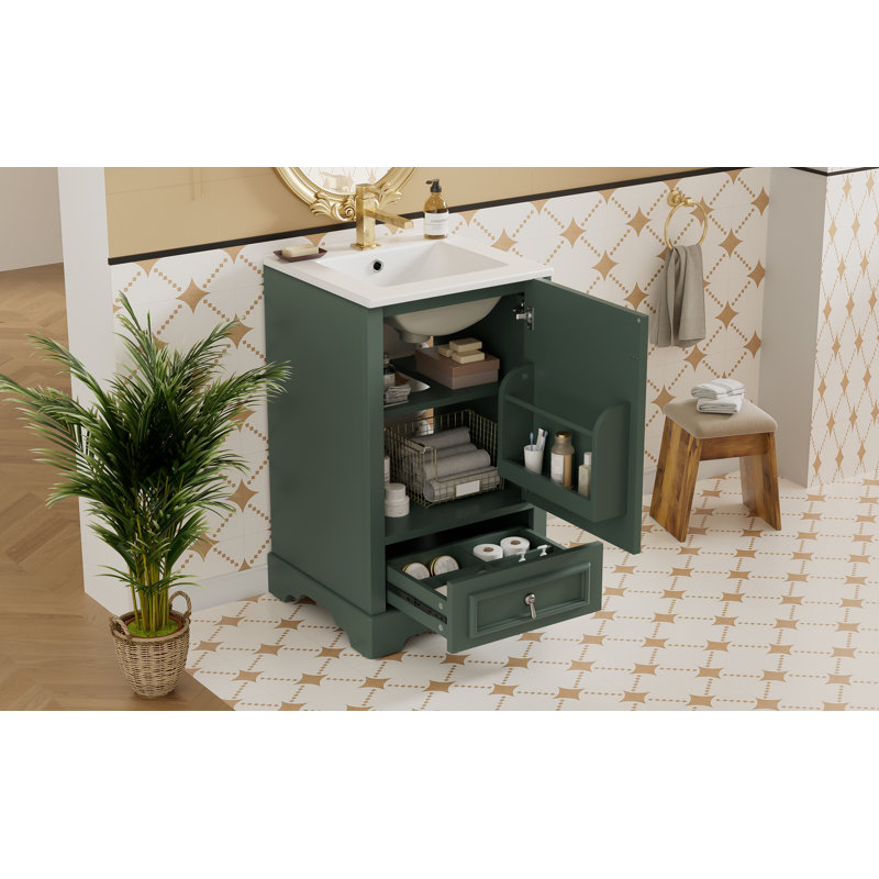 Meuble-lavabo de 20 po avec lavabo en céramique, porte à fermeture en douceur, tablette ajustable en forme de U, tiroir de compartiment et support de porte, style moderne, conception peu encombrante