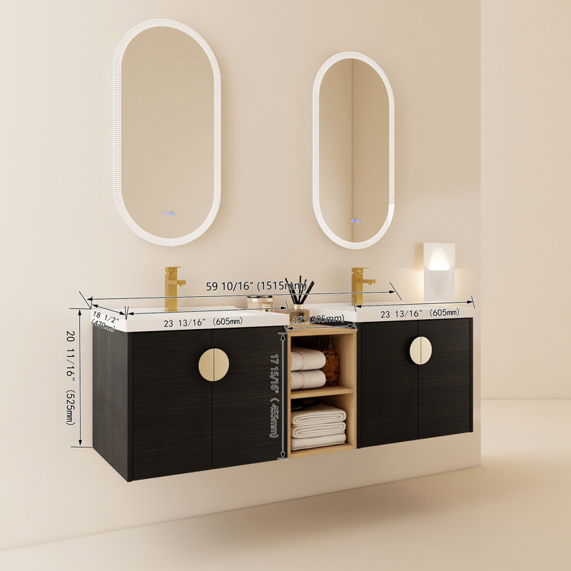 Meuble-lavabo moderne 60 po avec lavabo et tablettes - Armoire murale au fini châtaignier noir, Noir