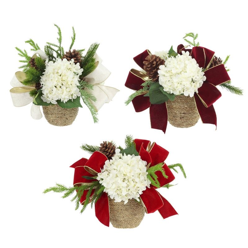 Holiday Arrangement Trio with Hydrangeas, Evergreen and Bows, White/Cream/Red/Burgundy