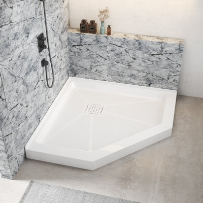 4 In. H x 38 In. W x 38 In. D Solid Surface Neo-Angle Shower Base Pan In White With Drain Cover
