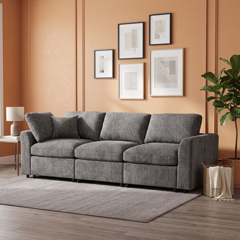 Canapé moderne en chenille 3 places rembourré avec coussins, Gris