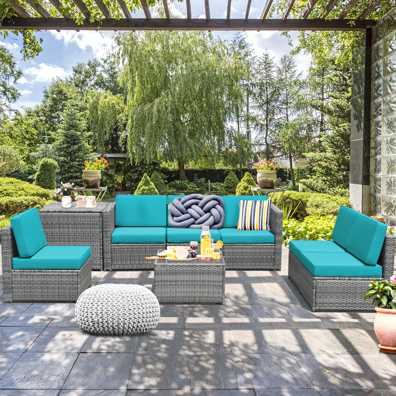 Ensemble de conversation modulaire en rotin avec coussins 8 pièces Burand, Turquoise