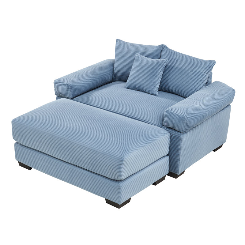 Flyn 54.3" Corduroy Upholstered Accent Chair with Ottomans & Pillow, Blue
