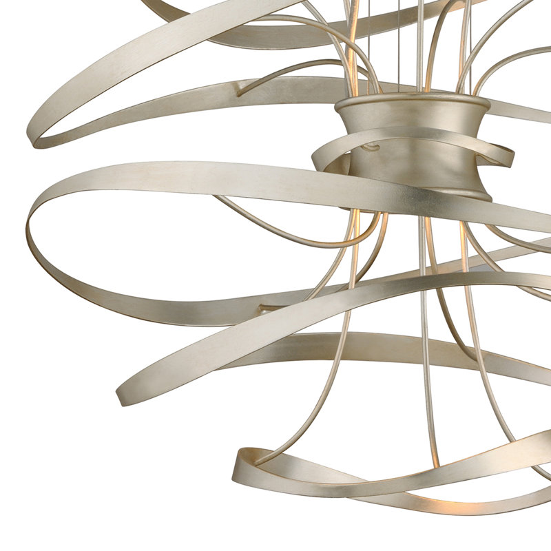 Calligraphy 2 - Light Unique Geometric LED Chandelier, 16.5" H x 18" W x 18" D, Silver Leaf with Polished Stainless Accents