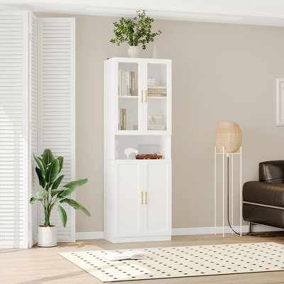 Garde-manger blanc avec portes en verre et comptoir ouvert, dispositif anti-basculement, tablettes réglables blanches