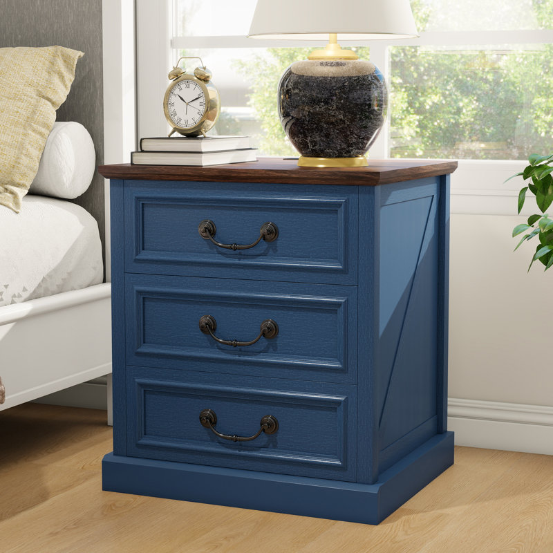 End Table With Charging Station, Farmhouse Nightstand With 3 Drawers & USB Ports, Solid Wood Entryway Table With Smiling Handle