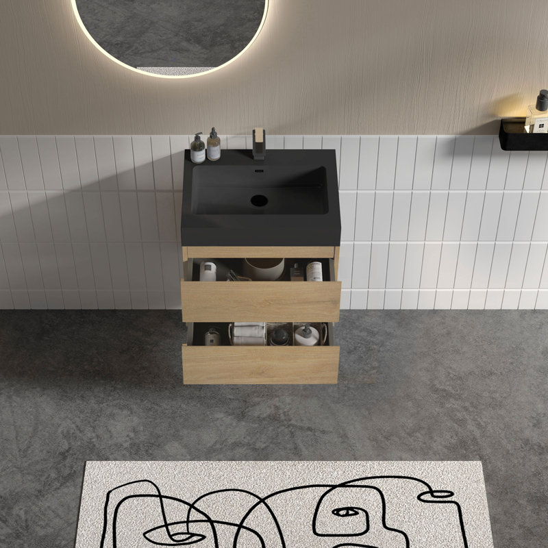 Meuble-lavabo simple mural 24 po avec surface solide avec trop-plein, 24 po, pré-assemblé, Beige, Noir mat, 24"