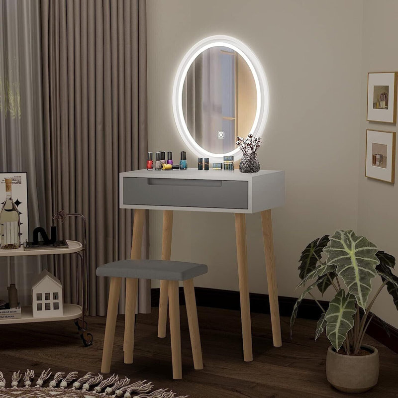 60cm Desktop Dressing Table With Led Lighted Mirror, Makeup Vanity Desk With Stool and Drawer, Beige/Blue