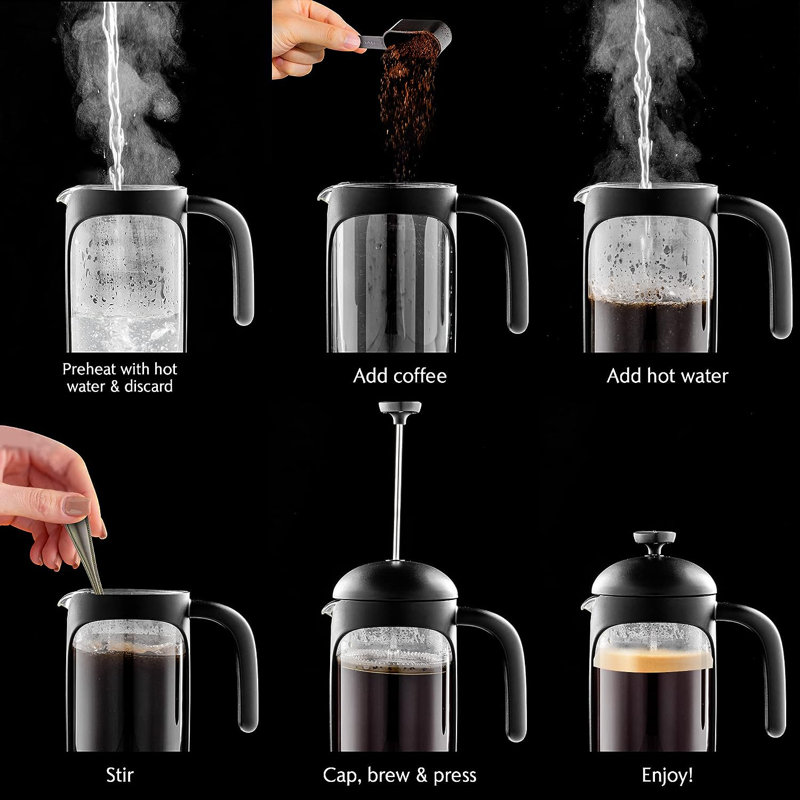OVENTE French Press Coffee Maker 34 Ounce with Heat Resistant Borosilicate Glass & Stainless Steel 4-Level Filtration System, Portable Cold Brew Coffee Maker for Travel, Camping or Gift, Black FPB34B
