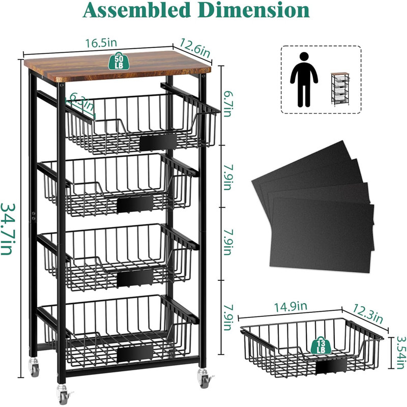 4-Tier Pull-Out Basket Rolling Kitchen Cart, Wood-Top Utility Storage Organizer for Produce Snacks Pantry Bathroom