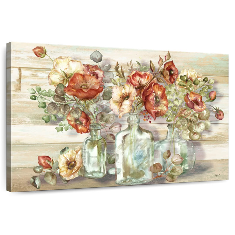 Harnek, coquelicots et eucalyptus en bouteille, H 34 po x l 51 po
