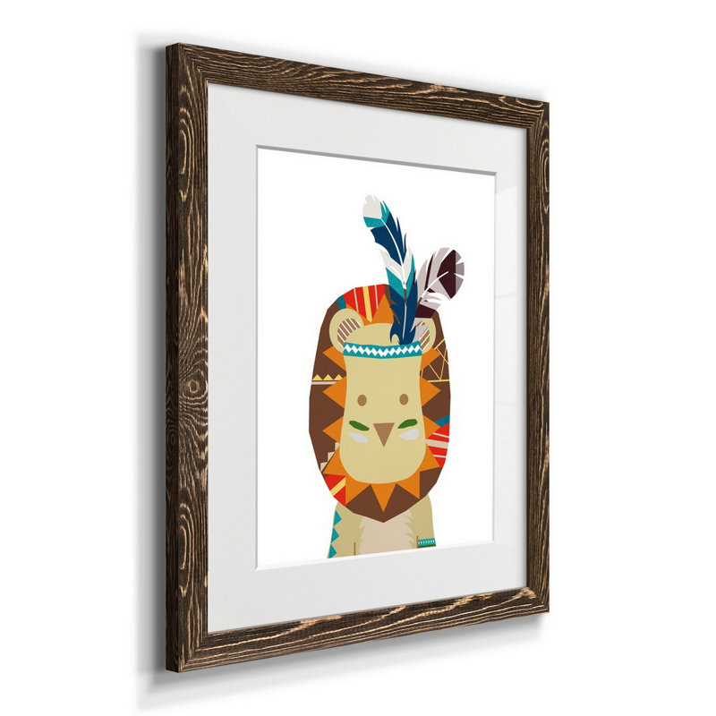 Boho lion - impression d'art graphique, H 24 po x l 18 po x P 1,5 po, Papier, cadre noyer, Blanc