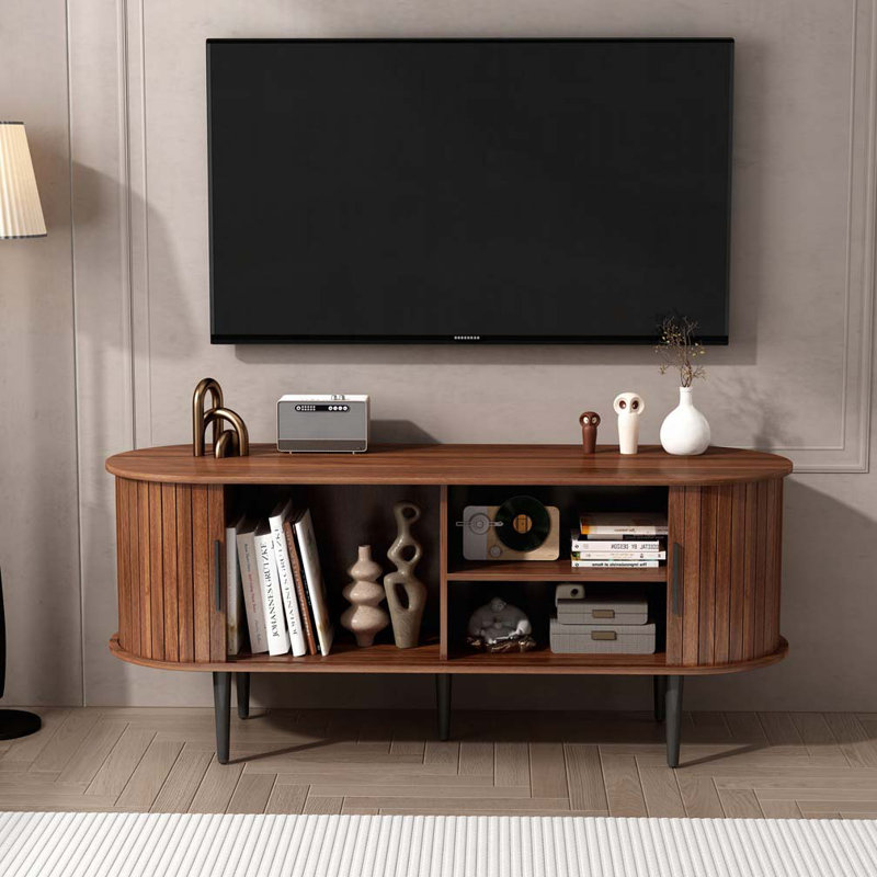 Meuble télé moderne avec meuble télé 47 po avec armoire de rangement à porte coulissante, centre de divertissement pour le salon, la chambre à coucher, le bureau, finition noyer | Idée cadeau