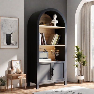 Tall Arched Bookcase With Open Display Storage Shelf And Door-equipped Storage Space
