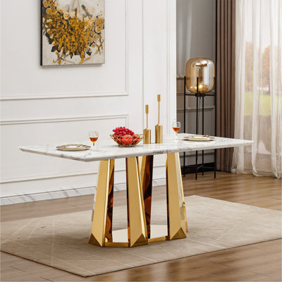 Table de salle à manger en marbre pour 6 personnes, table de salle à manger rectangulaire en faux marbre 70 po avec base en acier inoxydable à finition miroir, table de cuisine moderne en marbre de grande taille (table seulement)