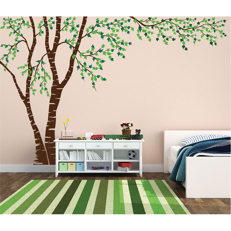 Décalcomanie murale en vinyle Birch Tree Forest Blowing Leaves, Brun / Vert, H 84 po x l 130 po