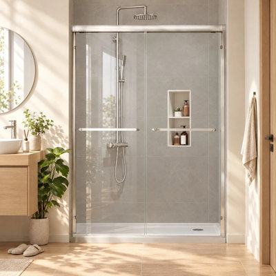 Porte de douche coulissante double demi-cadre l 56 à 60 po x H 72 po avec 2 portes-serviettes en verre trempé antidéflagrant pour salle de bain