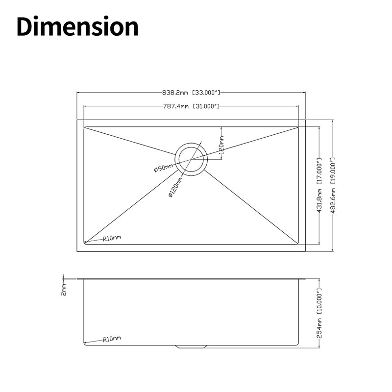 33X19x10"Undermount Single Bowl Stainless Steel Kitchen Sink, Brushed Nickel