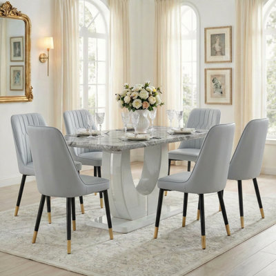 Modern 7-Piece Faux Marble Dining Table Set with Upholstered Chairs