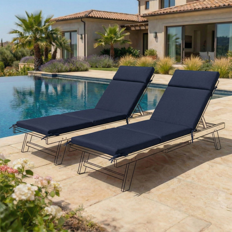 Chaise Lounge Cushions Set Of 2, Outdoor Patio Chair Cushions With 6 Ties, 72 Inch, Antique Navy Blue