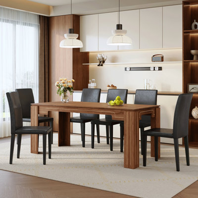 Table and Chair Set.71 × 31.5 inch walnut wood grain dining table, paired with a set of 6 black PU dining chairs. 1 table, 6 chairs, home dining table and chair combination.