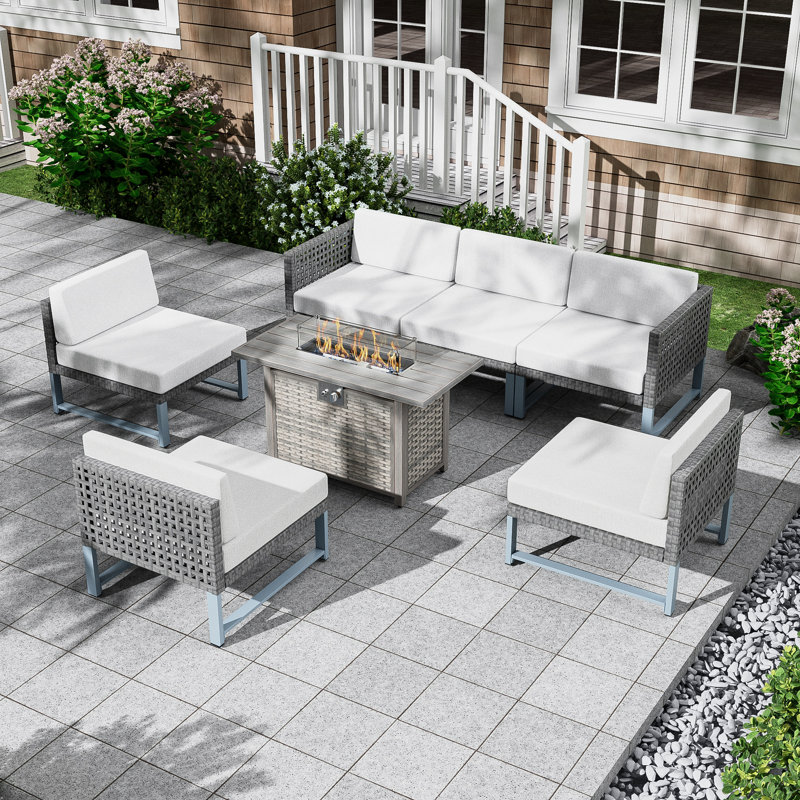 Kamyla Wicker 6 - Person Modular Patio Conversation Sets with Cushions, Black