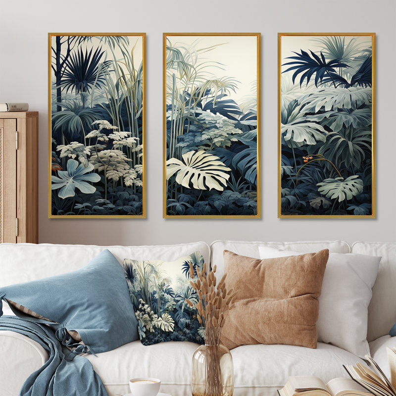 Ensemble de décorations murales blanches et bleues Jungle Expression, Cadre flottant doré, H 40 po x l 60 po x P 1 po