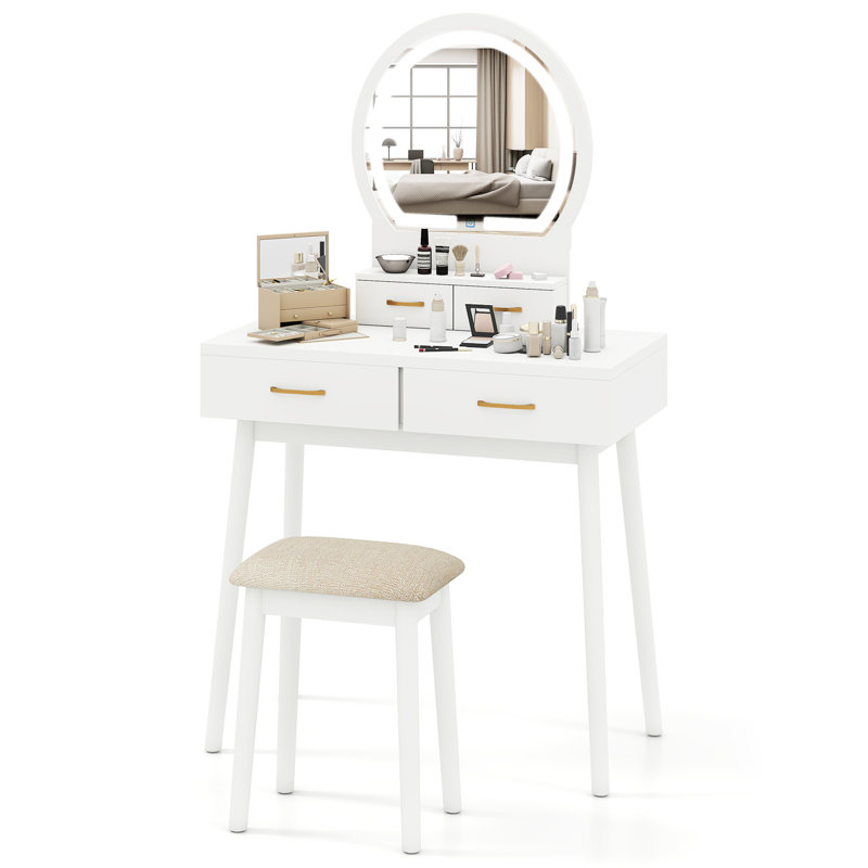 Petit bureau de coiffeuse avec tabouret rembourré avec miroir et lumières 3 couleurs d'éclairage réglables , Blanc