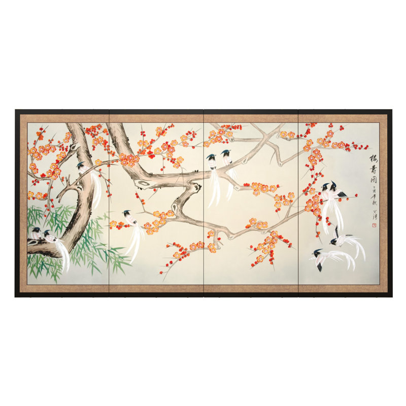 Birds of Longevity Handpainted Silk Screen, Blossoms