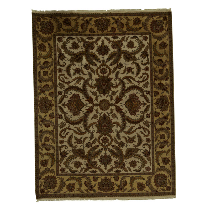 Tapis doré / ivoire / vert tibétain noué à la main de haute qualité
