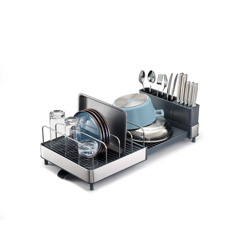 Steel Expanding Dish Rack with Utensil Cup and Draining Spout