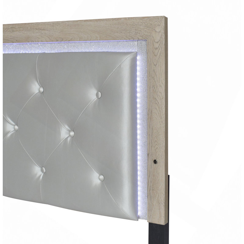 Lit moderne avec lit à panneau 1Pc et éclairage de tête de lit capitonné beige, Grand lit