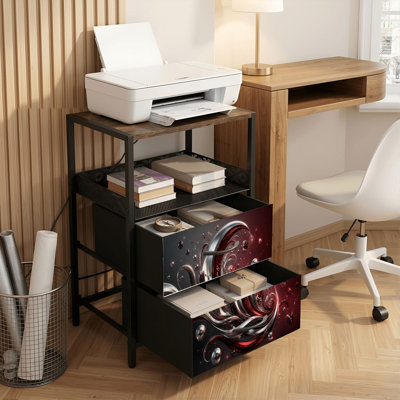 Table de chevet 2 tiroirs avec station de charge, table de chevet pour chambre à coucher avec ports USB, tablette ouverte noire, table de chevet avec tourbillons métalliques abstraits, sphères argentées et dégradé