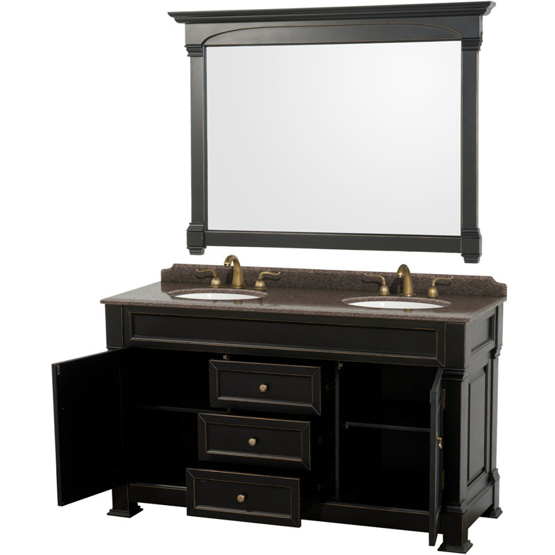 Ensemble de meuble-lavabo double 60 "avec miroir Andover, Noir, Granit brun impérial