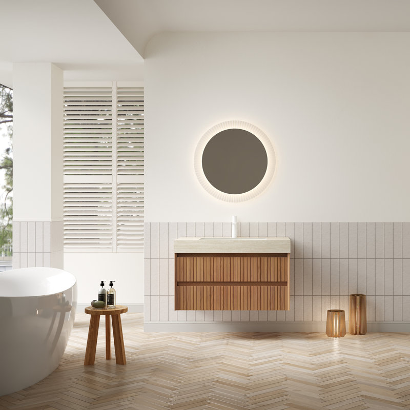 Meuble-lavabo et lavabo 36 po Tilley, armoire de rangement flottante en contreplaqué rayé avec 2 tiroirs, plateau en pierre frittée à motif de travertin avec vasque encastrée en céramique, pré-assemblé, couleur grain de bois espresso