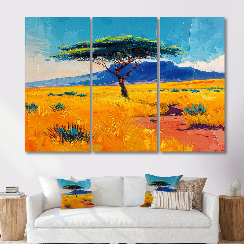 Acacia sur arbre jaune, ensemble de salon art mural africain, Toile tendue, H 32 po x l 48 po x P 1 po