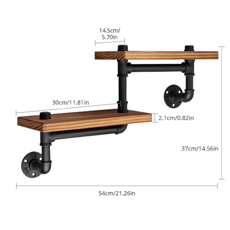Shelf with Solid Wood Board, 2-Tier Industrial Brown Wall Mount Shelves for Kitchen
