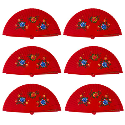 Ensemble de 6 ventilateurs à main en bois à double face de style espagnol avec fleurs peintes - Élégants accessoires de mariage, de fête, de danse et de fête Feng Shui (rouge)