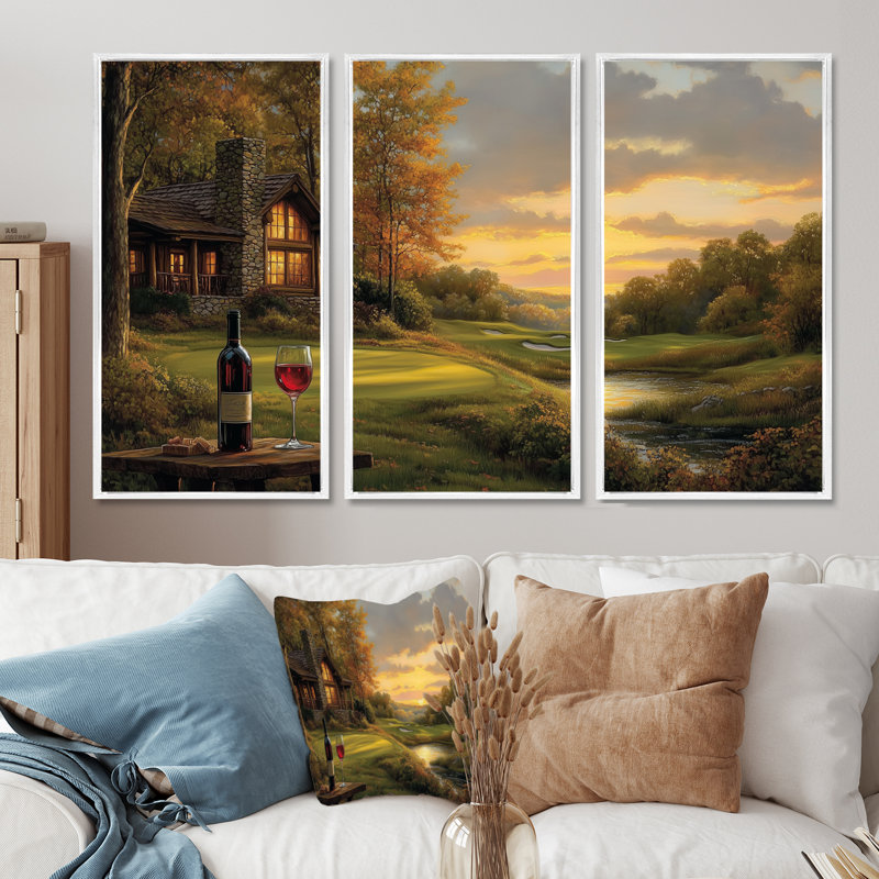 Ensemble de salon Green Golf Course With Cozy Lodge VII - Golf Wall Art, Toile encadrée flottée blanche