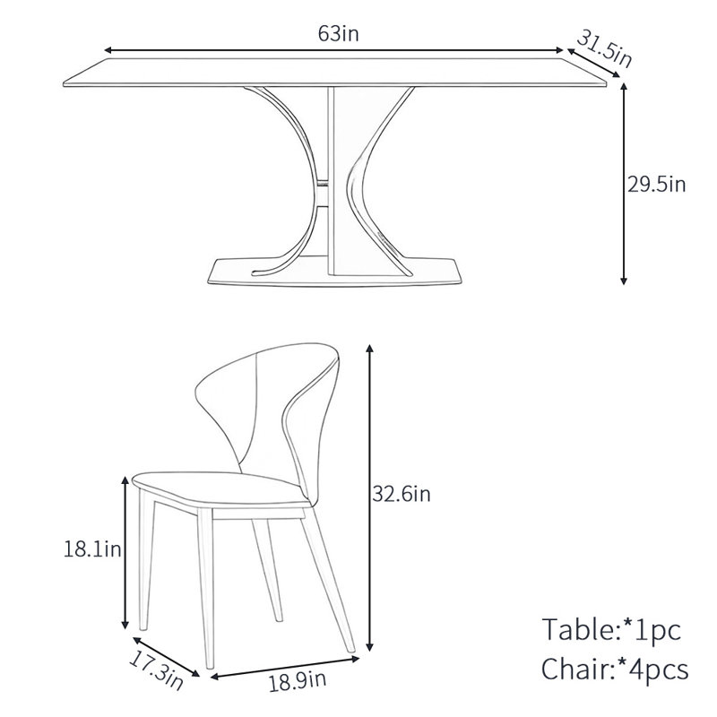 High-end simple rectangular dining table set, 29.5"H x 63"L x 31.5"W