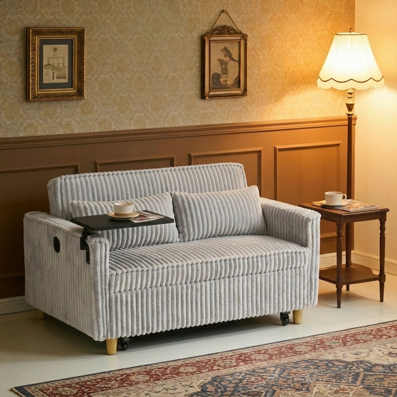 Corduroy Upholstered Convertible 2-Seater Sofa Sleeper Sofa Bed with USB Ports and Integrated Side Table, Gray