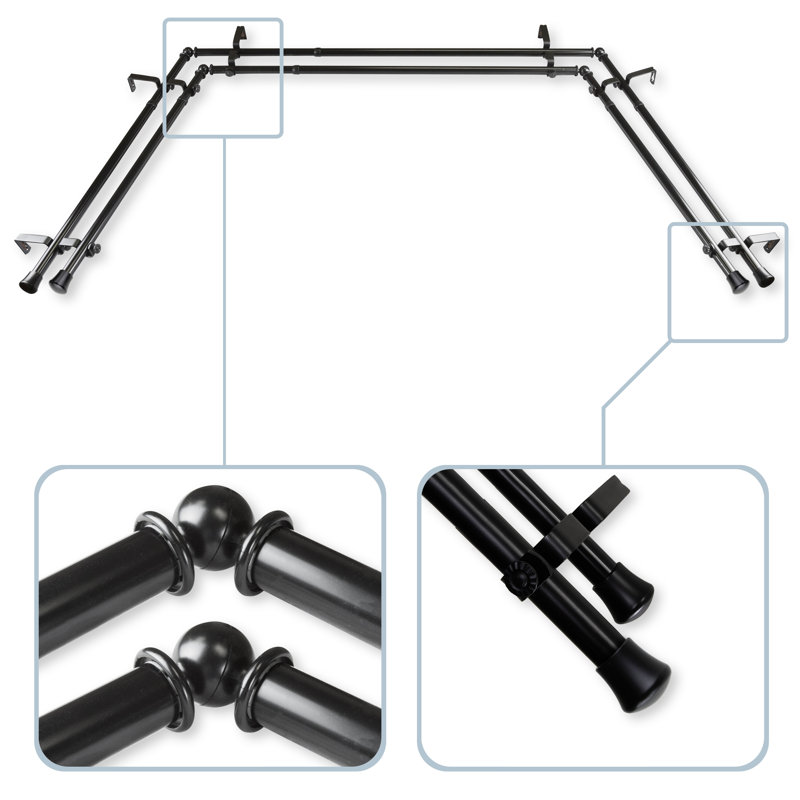 Steel Adjustable 0.75'' Bay Window Double Curtain Rod, Black