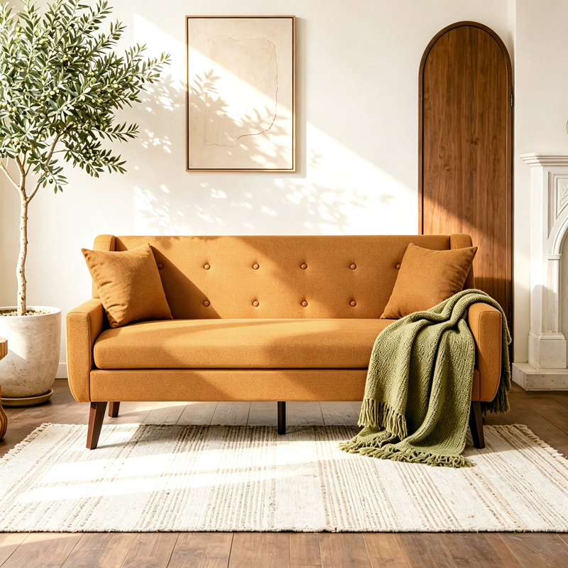 Davey Upholstered Linen Blend Button Tufted Square Arm Loveseat, ORANGE Linen Blend
