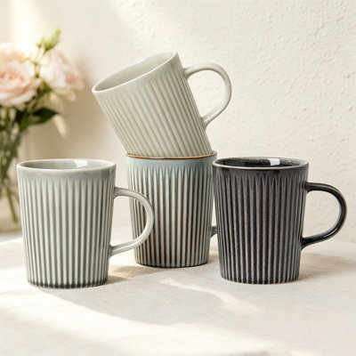 Ensemble de grandes tasses à café en grès rayé avec poignée 16 oz
