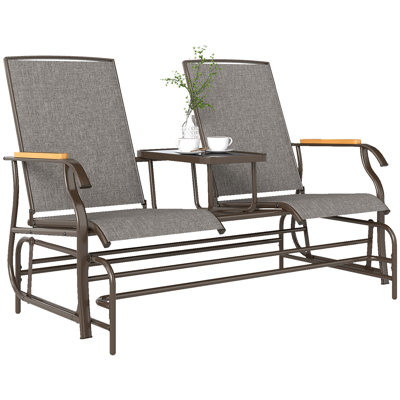 Banc oscillant d'extérieur pour 2 personnes, causeuse à balançoire extérieure avec table, structure en acier, brun clair mélangé