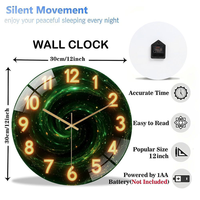 Horloge murale tourbillonnante en forme de galaxie verte - chiffres 12 po